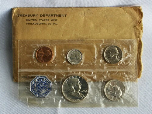 1956年 米国プルーフコインセット 5枚セット 銀貨3枚 1セント~50セント セロケース入り 封筒付き