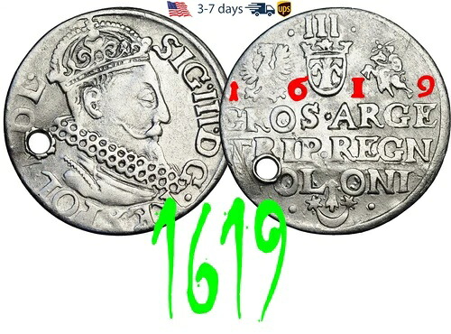 ポーランド中世ジギスムント 3 世、3 グローシェ グロシェン、トロヤク 1619 銀貨 #33402