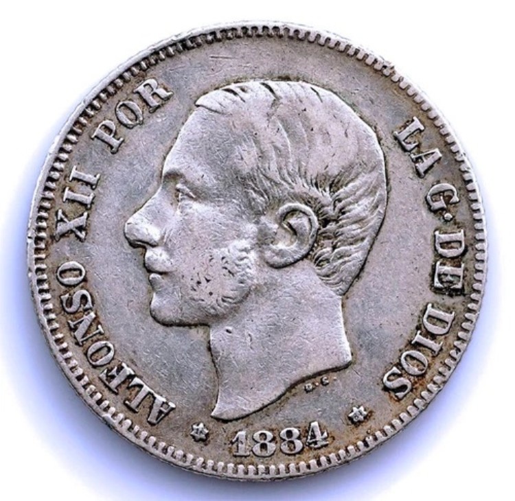 Sc. スペイン-アルフォンソ12世。2ペセタ 1884*18-84。銀貨10G。希少