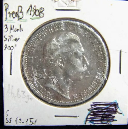 #4288# 3 マルク、ヴィルヘルム2世 ドイツ皇帝 プロイセン王、1908 A、900 銀貨-