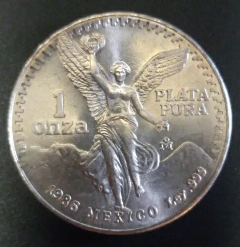 メキシコ リバティ 1986、1 オンザ .999 上質銀貨、「リベルタード」ピュア プラタ .999