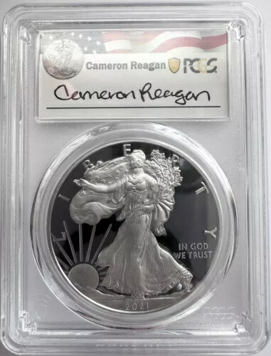 2021-W プルーフ シルバー イーグル T-1 | PCGS PR69DCAM キャメロン・レーガン直筆サイン入り