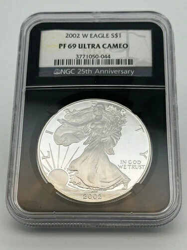 2002年 W $1 プルーフ シルバー イーグル PF69 ウルトラカメオ NGC 25周年記念ラベル 52,800円