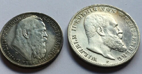 2 コイン: 2 マーク バイエルン 1911D ルイトポルト J48 3 マーク ヴュルテンベルク 1909F J 175 シルバー-