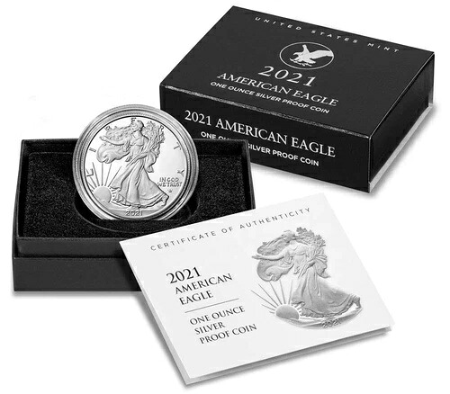 2021-W プルーフ $1 タイプ2 アメリカン シルバー イーグル ボックス、OGP & COA