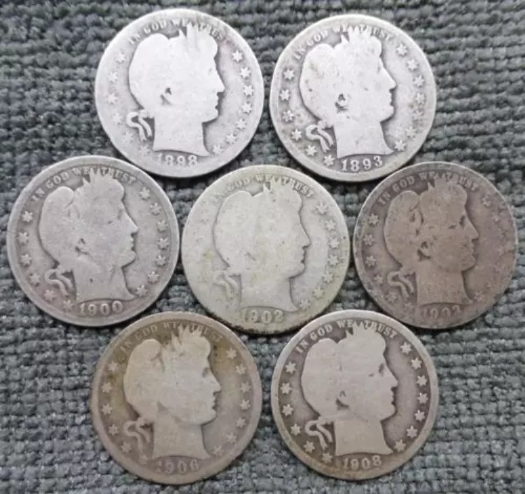 バーバー シルバー クォーター 7 枚セット、O ミント コイン 7 枚、1893 年、1898 年、1900 年、1902 年、1903 年...