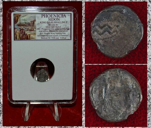 古代貨幣 フェニキア シドン ガレー船 王 闘獅子 銀貨 1/16 シェケル