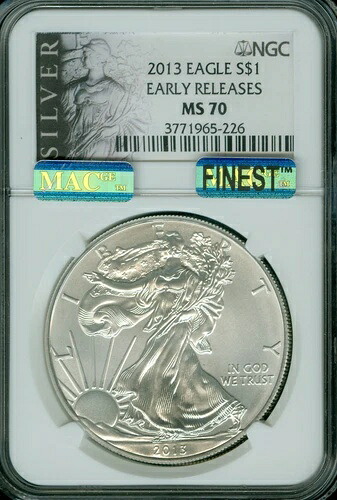 2013 シルバー イーグル NGC MS70 PQ ER MAC FINEST グレード MAC スポットレス。