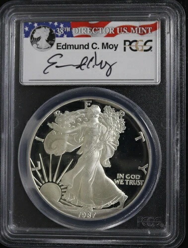 1987-S アメリカン シルバー イーグル サイン入り エドマンド C. モイ PCGS - PR69 DCAM *フラッグ ラベル*