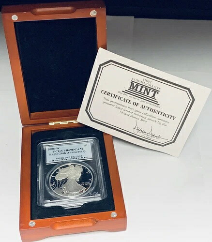 2006-W 1ドル アメリカン シルバー イーグル 20周年記念 PCGS PR69DCAM。木箱入り、鑑定書付き