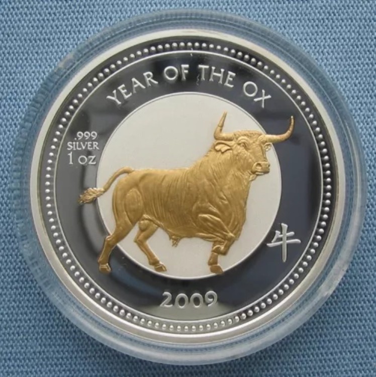 2009年 ピトケアン諸島 2ドル 丑年 金メッキ 1オンス .999 銀貨
