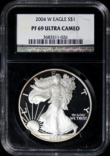 2004-W プルーフ アメリカン シルバー イーグル $1 NGC PF69UCAM ブラック レトロ スラブ 25周年