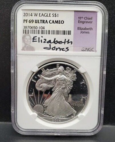2014年 Wプルーフ シルバーイーグル - NGC PF69 ウルトラカメオ - エリザベス・ジョーンズ直筆ラベル