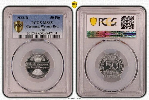ワイマール共和国 50 フェニヒ 1922 D PCGS MS65 51633