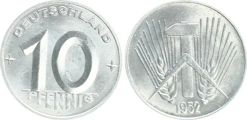 GDR 10 フェニヒ 1952 華麗な未流通 (2)