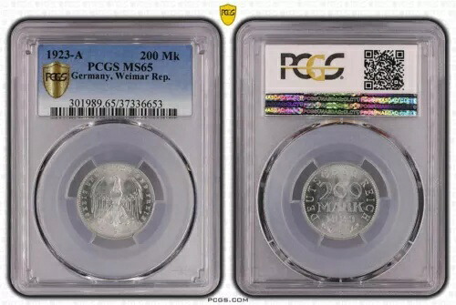ワイマール・レップ200 マーク1923 A アルミニウム ブリリアント アンサーキュレート PCGS MS65 (36223)