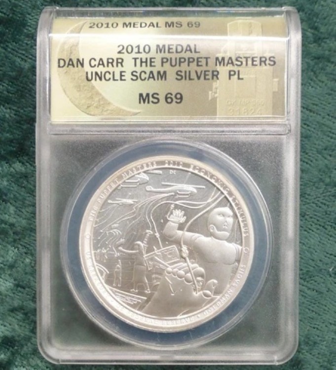 2010 ANACS MS 69 PL 1オンス .999 シルバー ダン・カー パペットマスターズ アンクル・スカム メダル