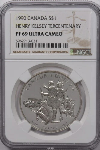 カナダ 1990年 1ドル銀貨 NGC プルーフ 69 ウルトラカメオ ヘンリー・ケルシー 300周年記念 N