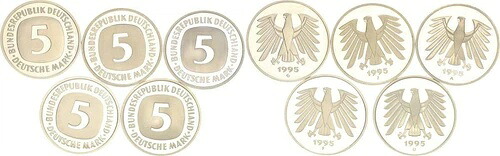 5 DM 通貨コイン 1995ADFGJ 5ピース コンプリートプルーフ (Pf、プルーフ) レア