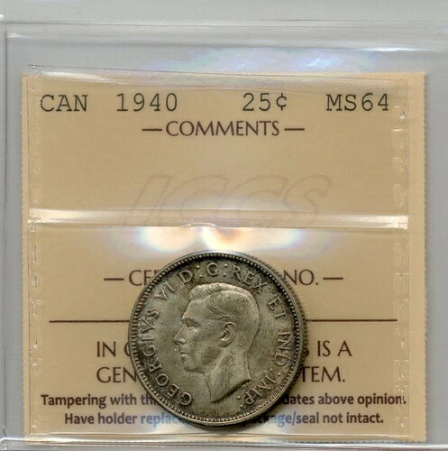 1940年カナダ25セント - 厳選未流通、ICCS MS 64
