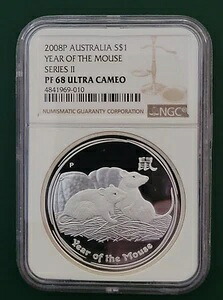 2008年オーストラリアコイン、ネズミ年、1オンス シルバー プルーフ、NGC PF 68 ウルトラ カメオ!