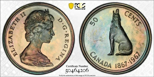 PL66 1967年 カナダ ウルフ シルバー 50セント プルーフ、PCGS トゥルービュー - レインボートーン画像
