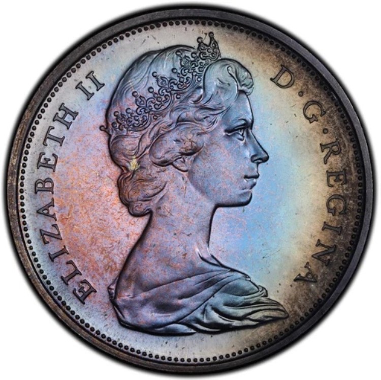 PL66 1967年 カナダ ウルフ シルバー 50セント プルーフ、PCGSセキュア - レインボートーン画像