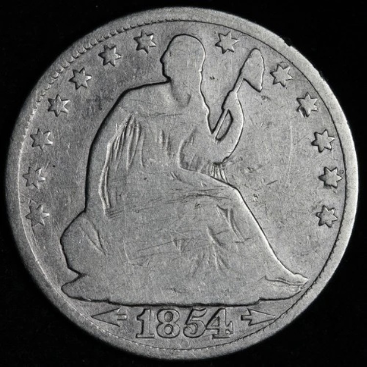 1854年/1854年製 矢付き RPD 着席型自由の女神像 シルバー ハーフドル VG E333 QGEM