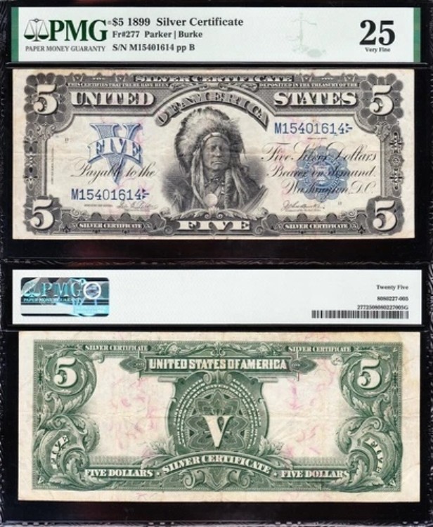 非常に美しい、大胆で鮮明なVF+ 1899年製 $5「インディアン・チーフ」シルバー証明書！PMG 25！01614｜WORLD RESOURCE【KING店】