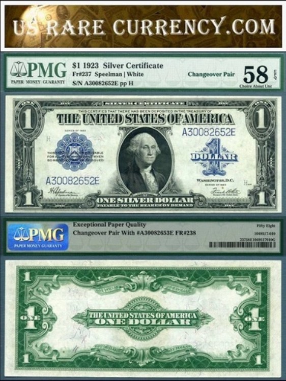 1923年 1ドル銀貨証明書「チェンジオーバーペア」FR-237 FR-238 PMGグレード｜WORLD RESOURCE【KING店】