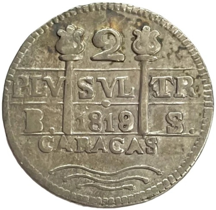 1819/8 BS シルバー ベネズエラ 2レアル 王党派発行 フェルディナンド7世 カラカス造幣局｜WORLD RESOURCE【KING店】