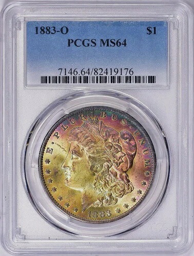 1883年 O モルガン・ダラー PCGS MS64 虹色調の素晴らしい色と表面 手持ち
