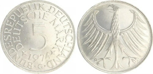 5 DM J.387 銀貨 1974 G 縁に刻印なし !!! 縁は滑らか