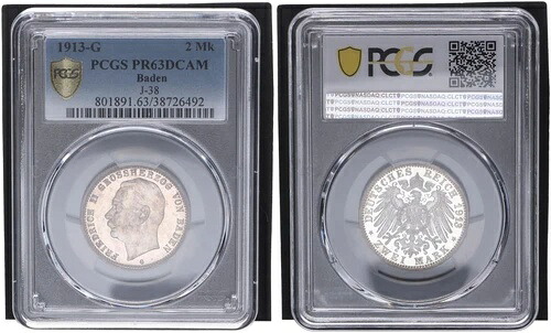 バーデン2マーク 1913 G 大公フリードリヒ2世 PCGS PR63DCAM