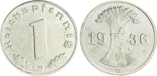 1 Pfennig 1936 D マテリアルプローブ IN ニッケル、強力な磁性、2,04g 高速ステンペルゲル