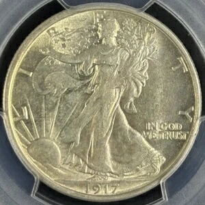 1917-S 50セント ウォーキング・リバティ REV. ミントマーク PCGS AU58 - ライトゴールドトーン