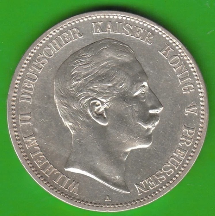 銀貨 プロイセン 5マルク 1888年 ヴィルヘルム2世 5インチ Vz 軽く洗浄済み nswleipzig