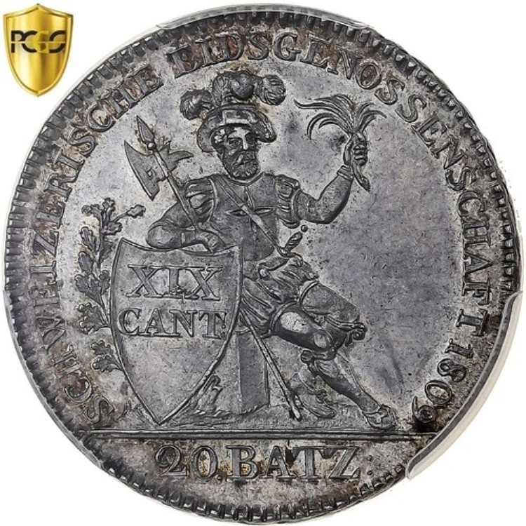 [#1288807] スイス、アールガウ州、20 バッツェン、1809年、銀、PCGS、MS63、K