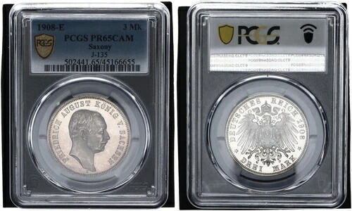 ザクセン 3 マルク 1908-E フリードリヒ・アウグスト PCGS PR65CAM プルーフ 116151
