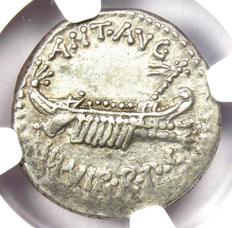マルクス・アントニウス AR デナリウス銀貨 紀元前32年 LEG VII - NGC XF (EF) 認定