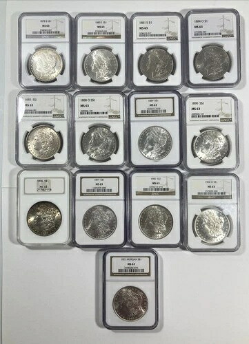 1878-1921年モルガン・ダラー13枚セット。P、S、O造幣局発行。NGC MS 63。｜WORLD RESOURCE【KING店】