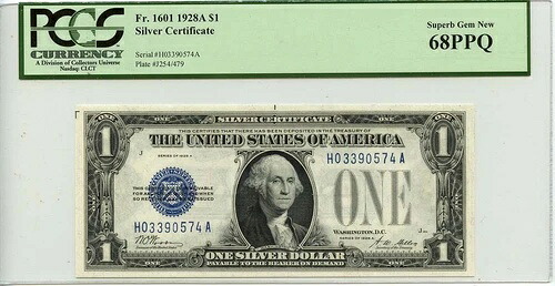 1928A 1ドル銀貨証明書 ブルーウッズメロン Fr# 1601 PCGS SUPERB GEM 68 PPQ｜WORLD RESOURCE【KING店】
