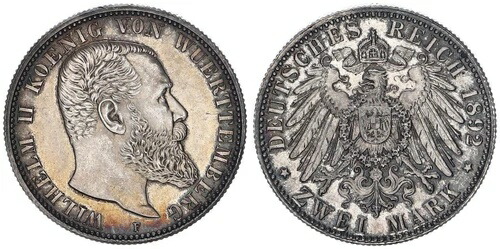 ヴュルテンベルク 2 マーク 1892 F ヴィルヘルム II ほぼ Bu、美しいパティナ 119518 345,015円