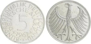 5 DM J.387 銀貨 1967 F 縁の刻印なし !!! 縁は滑らかでほぼ Vf
