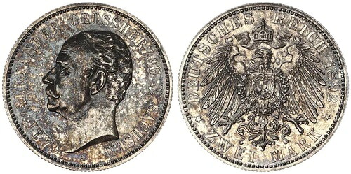 ザクセン・ワイマール・アイゼナハ 2 マーク 1892 A カール・アレクサンダー プルーフ 114041-｜WORLD RESOURCE【KING店】