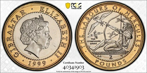 ジブラルタル 1999年 2ポンド ヘラクレス ステュムパリア鳥類 PCGS Ms 64｜WORLD RESOURCE【KING店】