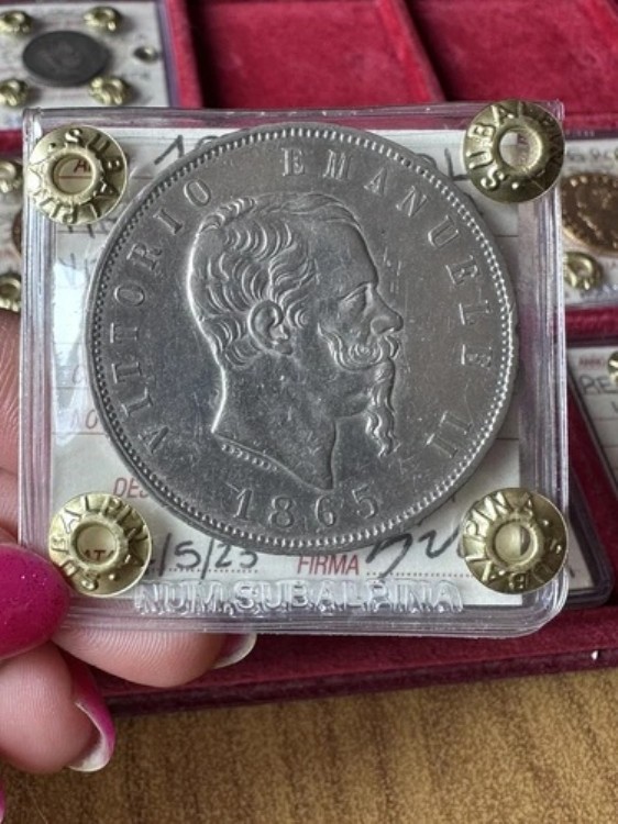 イタリア王国 ヴィットーリオ・エマヌエーレ2世 5リーブル 1865年 ナポリ 希少 未開封 BB / XF