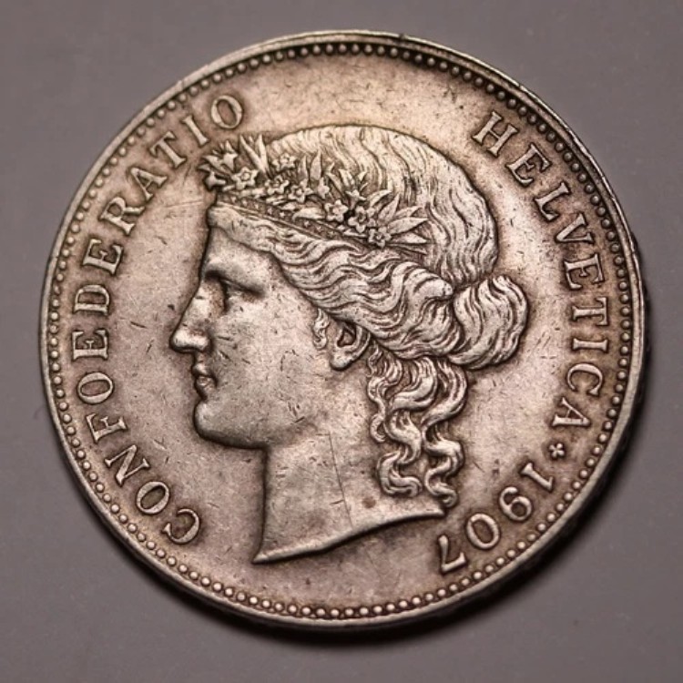 スイス 5フラン 1907年 銀貨 KM# 34 VF/+ 希少 低鋳造数 277k