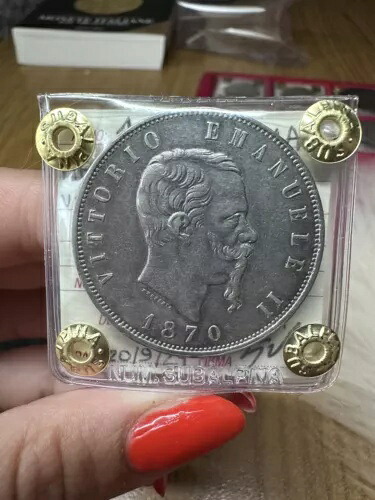 イタリア王国 ヴィットーリオ・エマヌエーレ2世 5リーブル 1870年 ローマ 希少 未開封 BB/Spl
