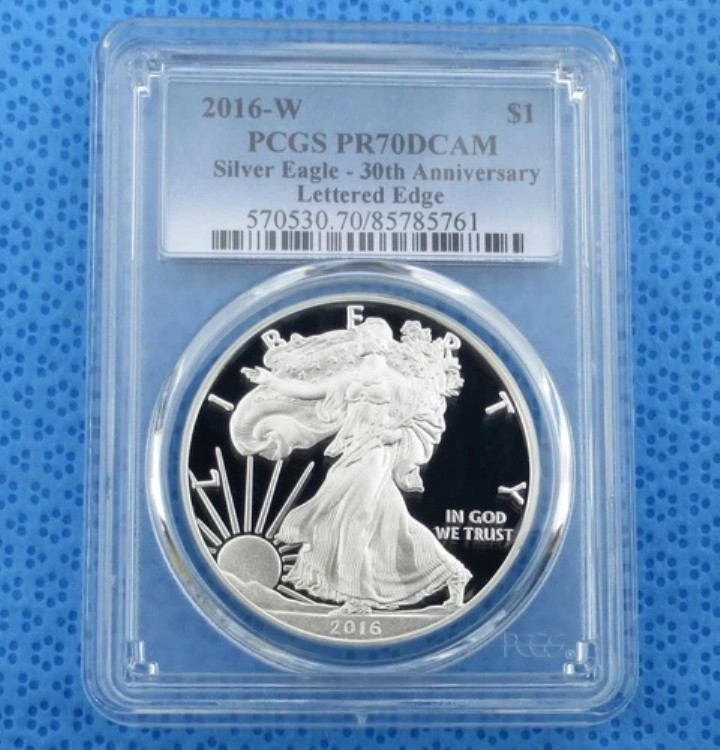 2016年 W PCGS PR 70 D-Cam レタードエッジ シルバーイーグルドル、プルーフ70 ディープカメオ